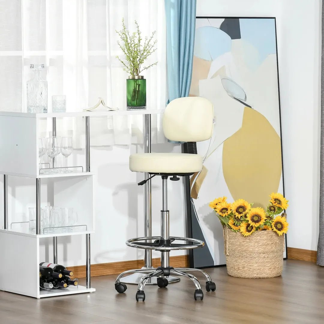 Barstoel met 360° Draai – Hoogteverstelbaar, Met Wielen en Rugleuning van Kunstleer, Beige, 56 x 57 x 104-127 cm
