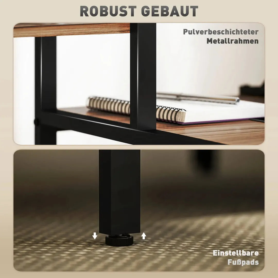Computertafel met monitorstand en 4-laags rek – bureau in industriële stijl, bruin