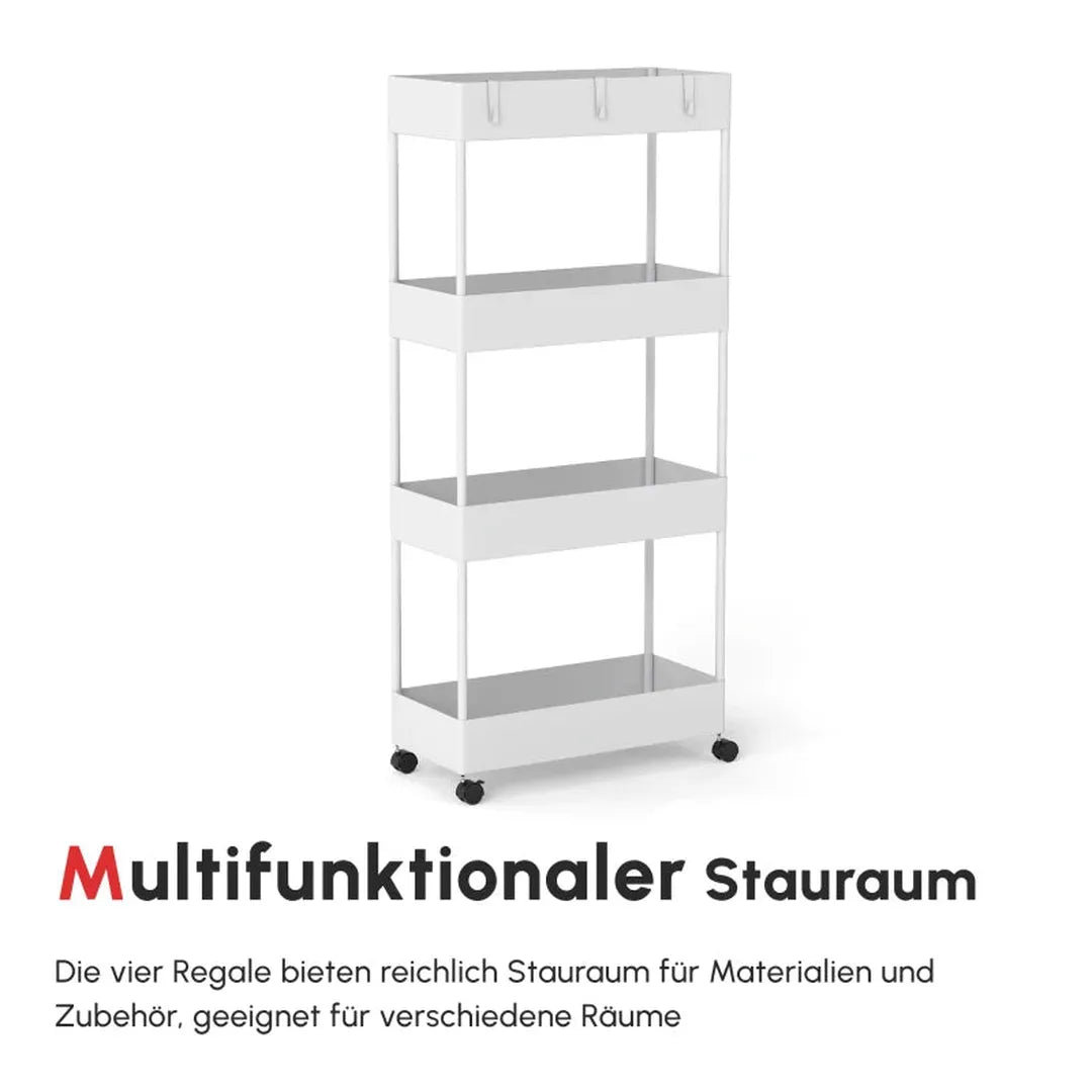 Keukenwagen met 4 legplanken en 4 haken – op wielen – Wit – 40 × 19 × 90 cm