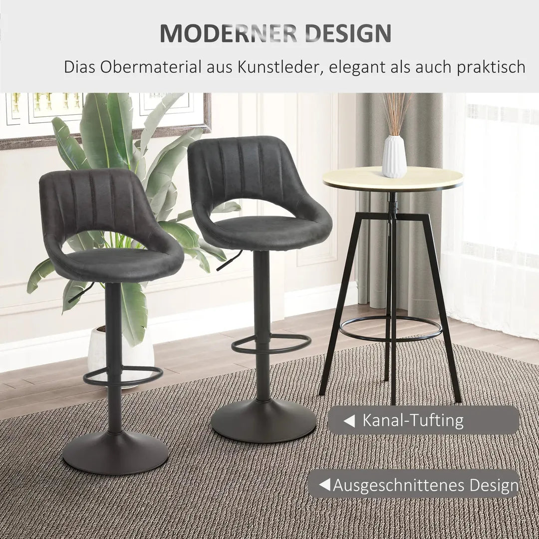 Barkrukken Set van 2 – In Hoogte Verstelbaar en Draaibaar met Voetsteun – Lederlook en Metalen Frame – Grijs – 44 x 49 x 90-110 cm