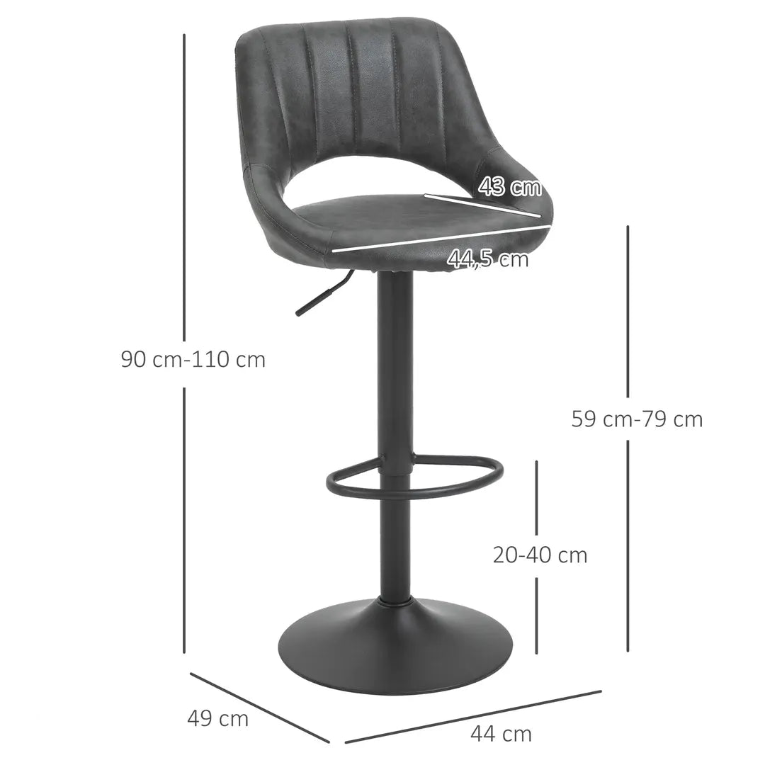 Barkrukken Set van 2 – In Hoogte Verstelbaar en Draaibaar met Voetsteun – Lederlook en Metalen Frame – Grijs – 44 x 49 x 90-110 cm