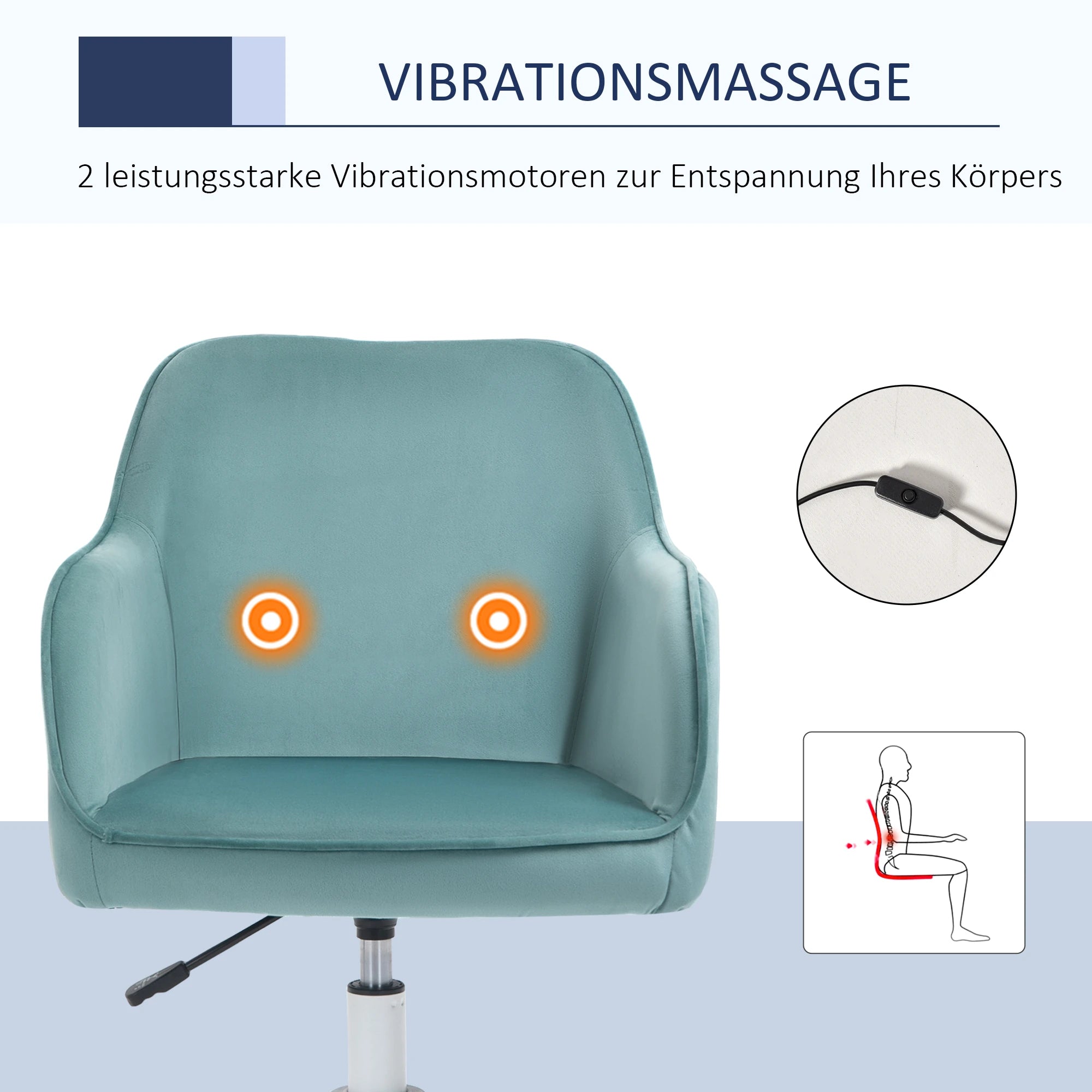 Bureaustoel met massagefunctie – in hoogte verstelbaar, draaibaar, met USB-aansluiting en lendenkussen, grijs