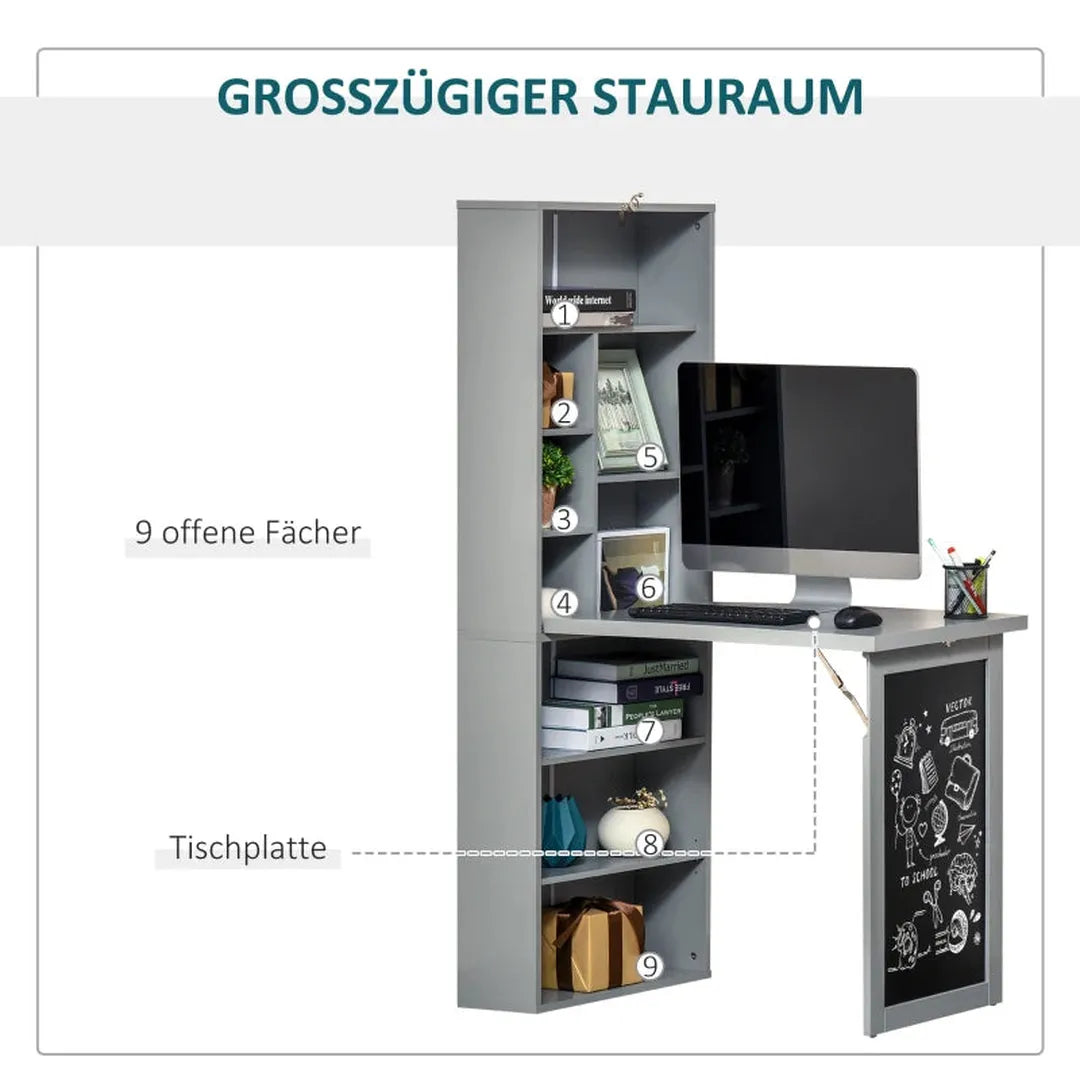 Inklapbare eet- en werktafel met 6 vakken – boekenplank met 3 planken – computertafel – metalen frame – E1 spaanplaat