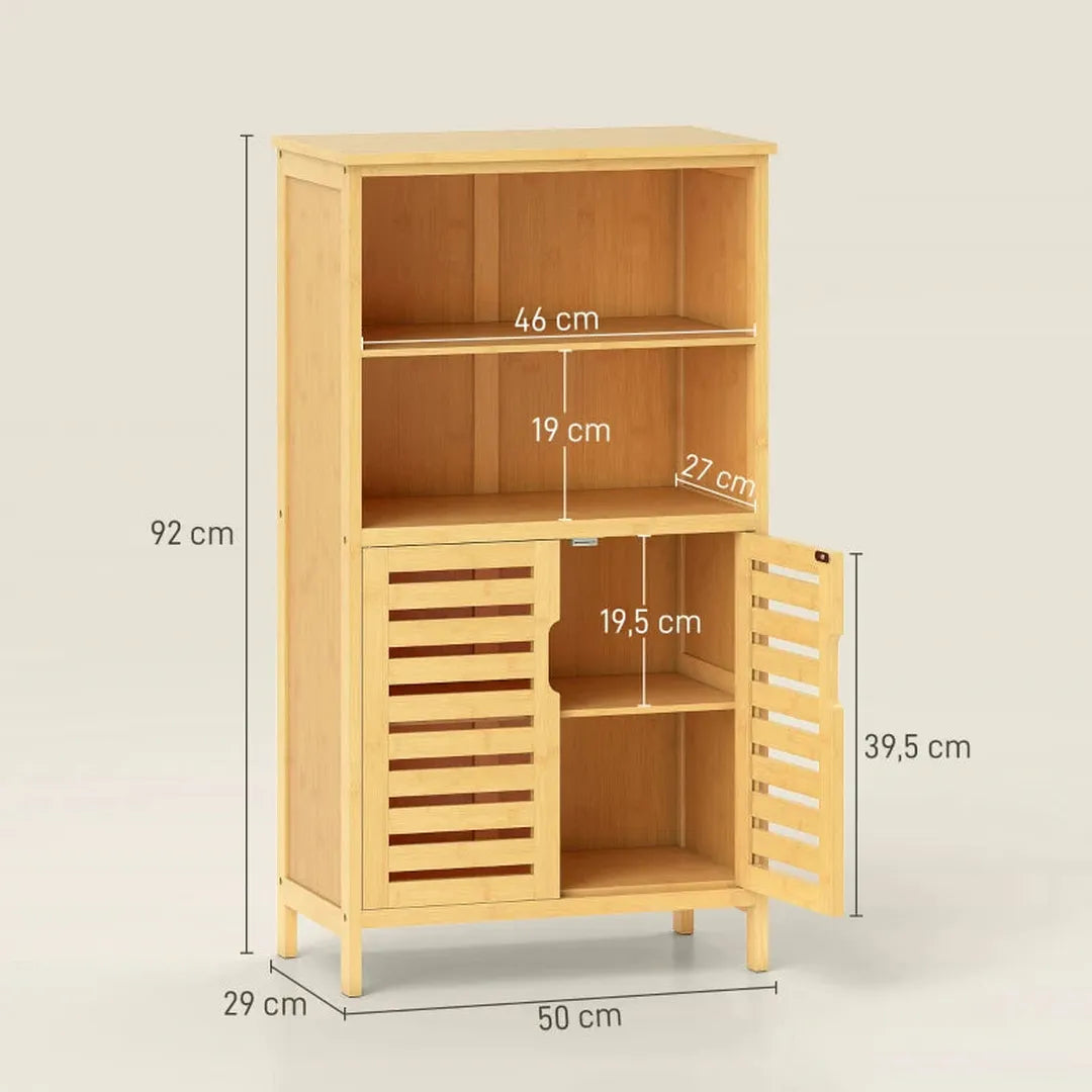 Bamboe badkamerkast met lamellen deuren – 2 planken en 1 kast – natuurlijk – 50 x 29 x 92 cm