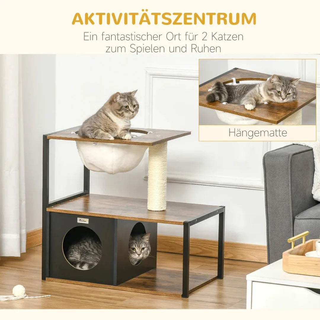 Kattenhuis met hangmat – kattenverblijf met sisal krabpaal – kattenboom van grenenhout – naturel – 70 x 35 x 60 cm