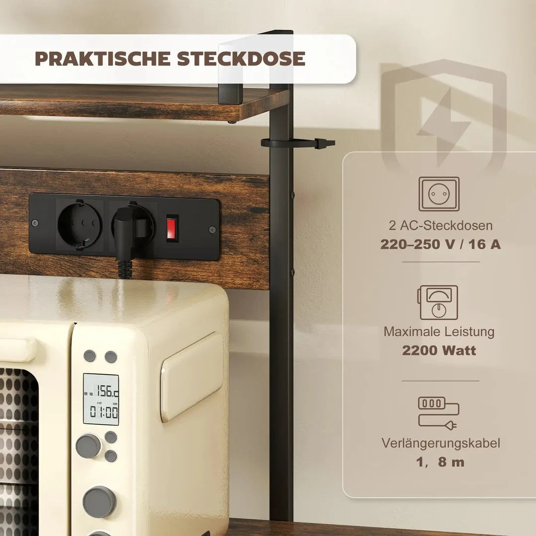Keukenrek met 2 stopcontacten – staand opbergrek met 5 legplanken, draadmand en haken, 90 × 42 × 130 cm