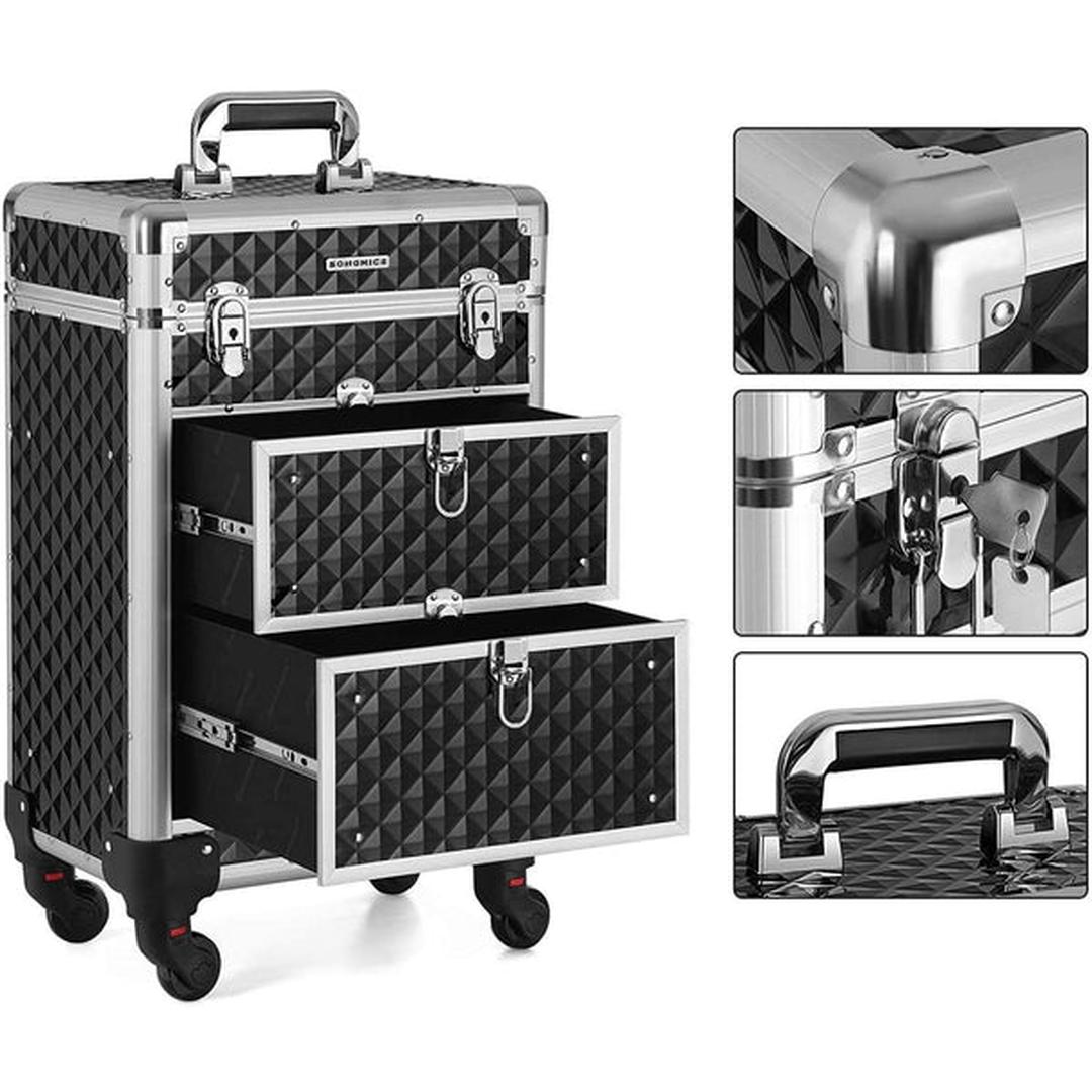 Cosmetica Koffer op Wielen – Make-up Trolley met Lades, Verdelers en Afsluitbaar Design in Zwart