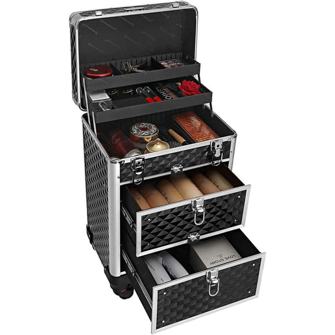 Cosmetica Koffer op Wielen – Make-up Trolley met Lades, Verdelers en Afsluitbaar Design in Zwart