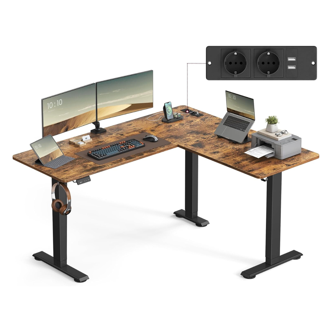 Elektrisch verstelbaar hoekbureau – L-vormig – 140 x 160 cm – met ingebouwd stopcontact en USB – geheugenfunctie – 72-120 cm hoogte verstelbaar
