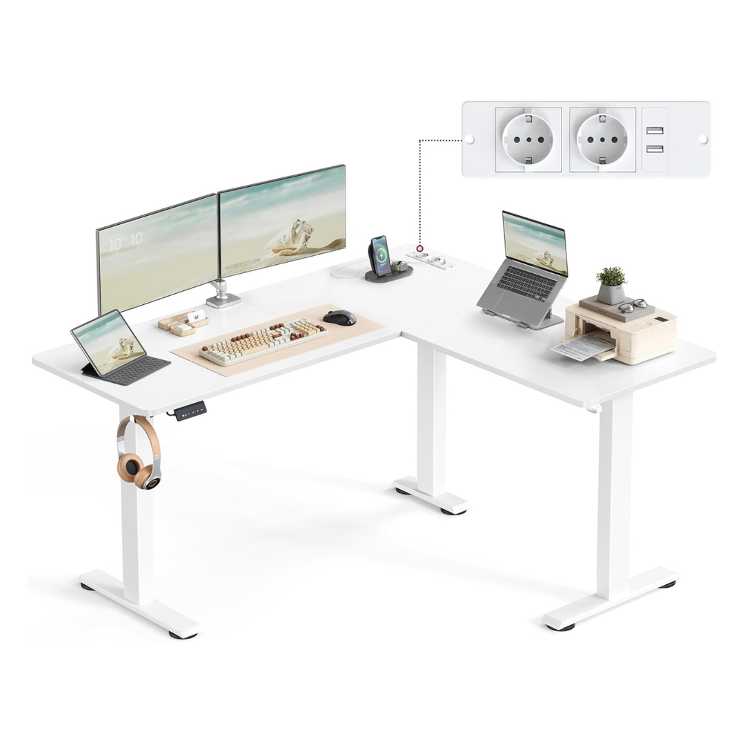Elektrisch verstelbaar hoekbureau – L-vormig – 140 x 160 cm – met ingebouwd stopcontact en USB – geheugenfunctie – 72-120 cm hoogte verstelbaar