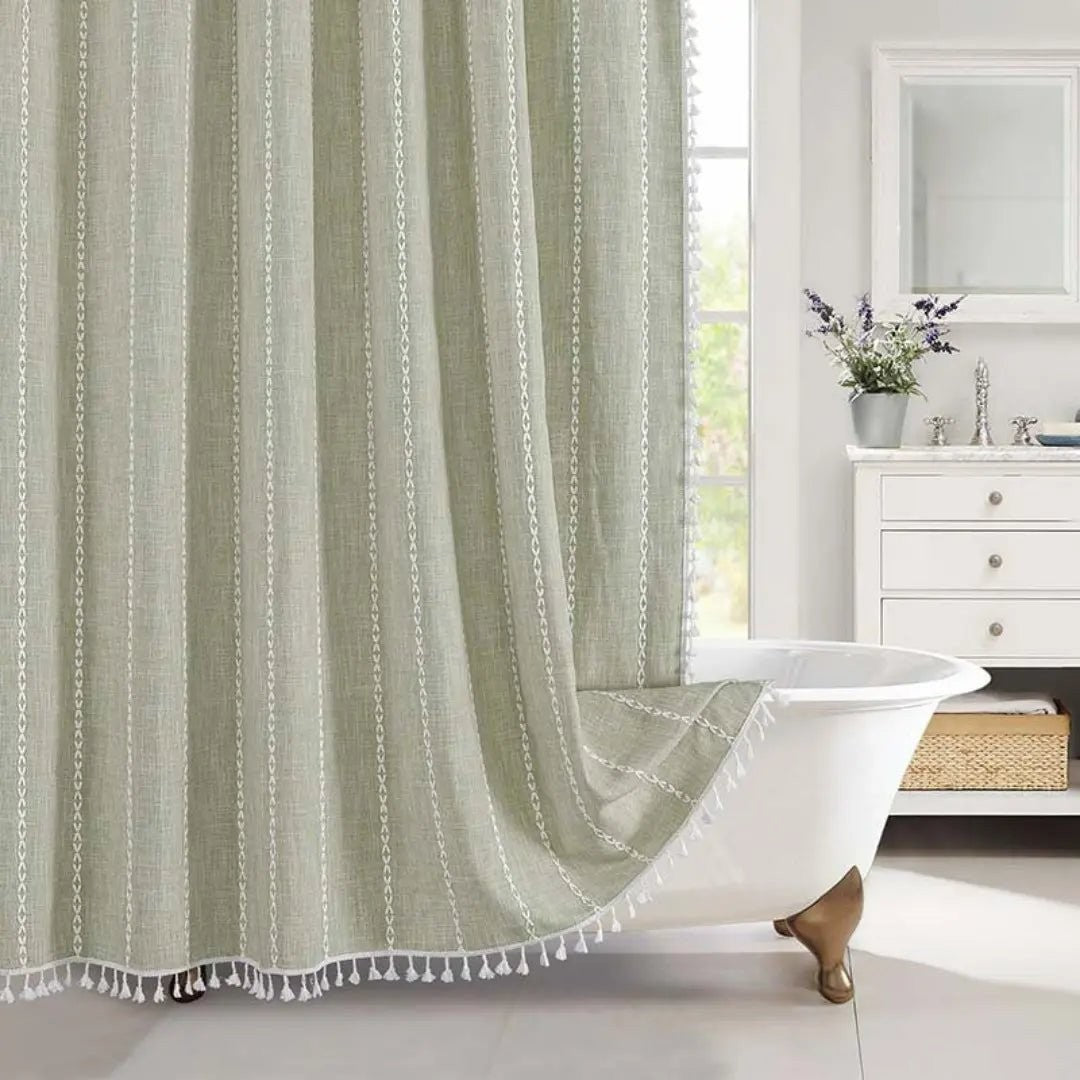 Arnvik product in groen stripes van high-quality linnen with jacquard weave – van bovenaf gezien