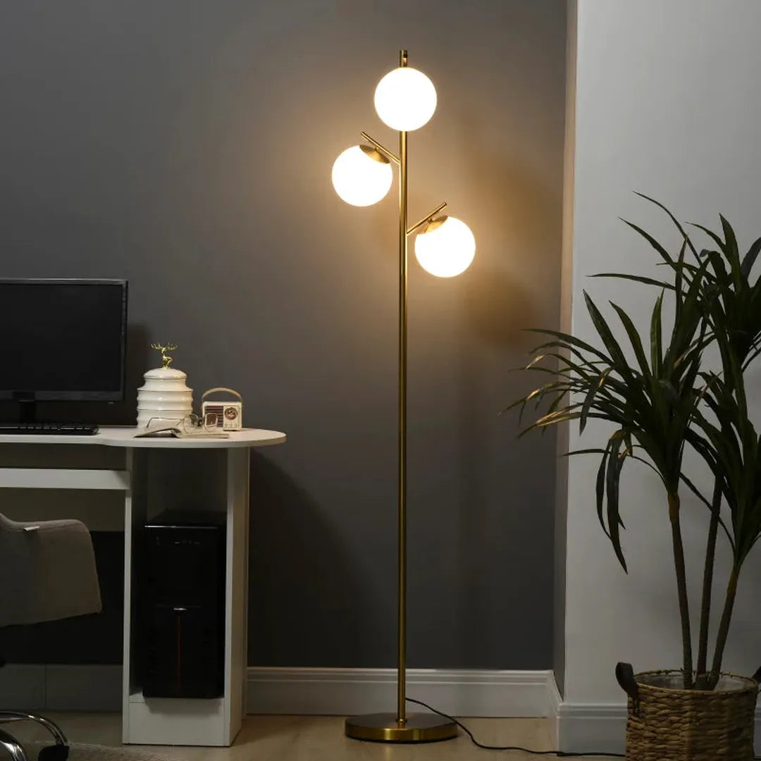 Staande lamp met 3 glazen kapjes – E27 fitting – voetschakelaar – zwart