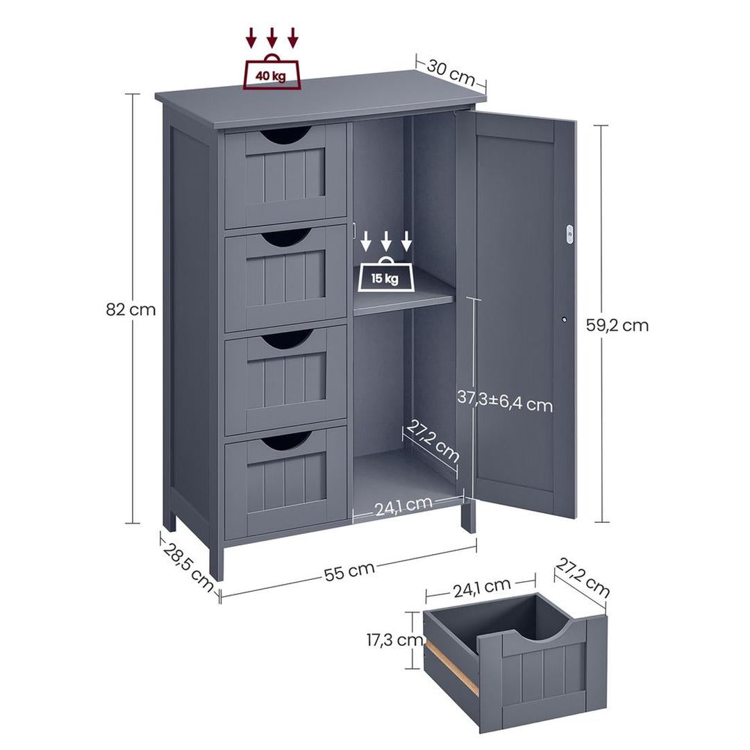 Badkamerkast – ladekast met deur en lades – hout – wit – 55×30×82 cm