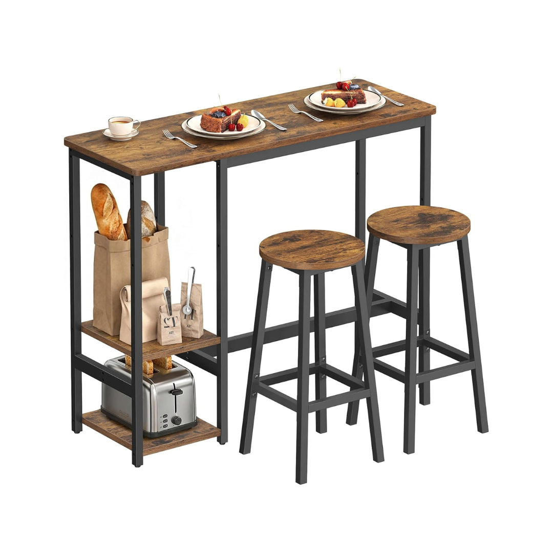 Bartafel met 2 barkrukken – eetset met opbergrek, industrieel design, compact en stevig