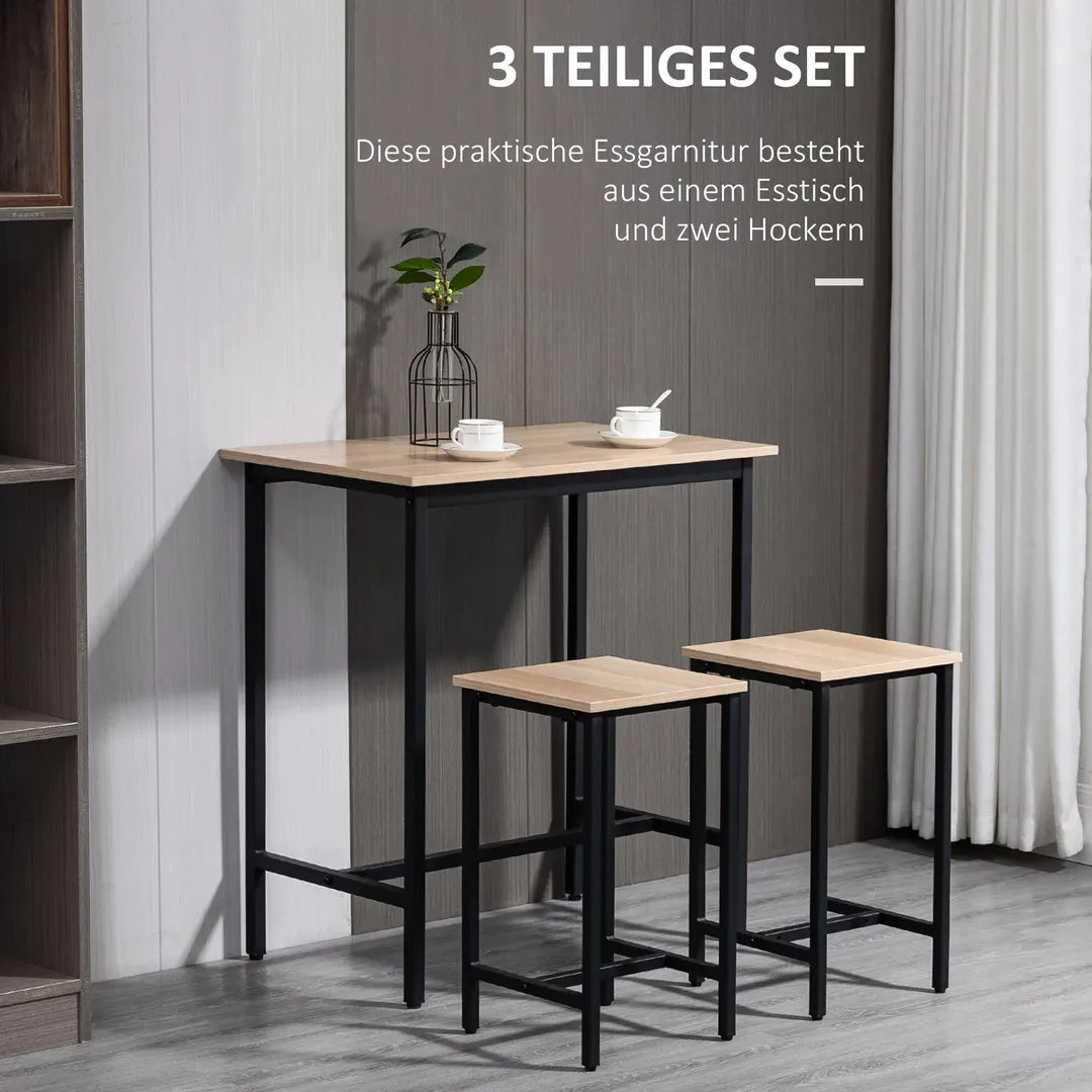 Barset – 3-delig met 1 Bartafel en 2 Krukken van Metaal en Hout, Zwart/Naturel