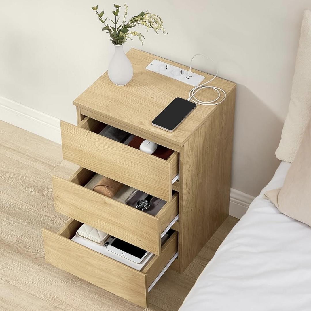 Bijzettafel met oplaadstation – nachtkastje met USB-poorten en stopcontact – opbergkastje met lade en plank