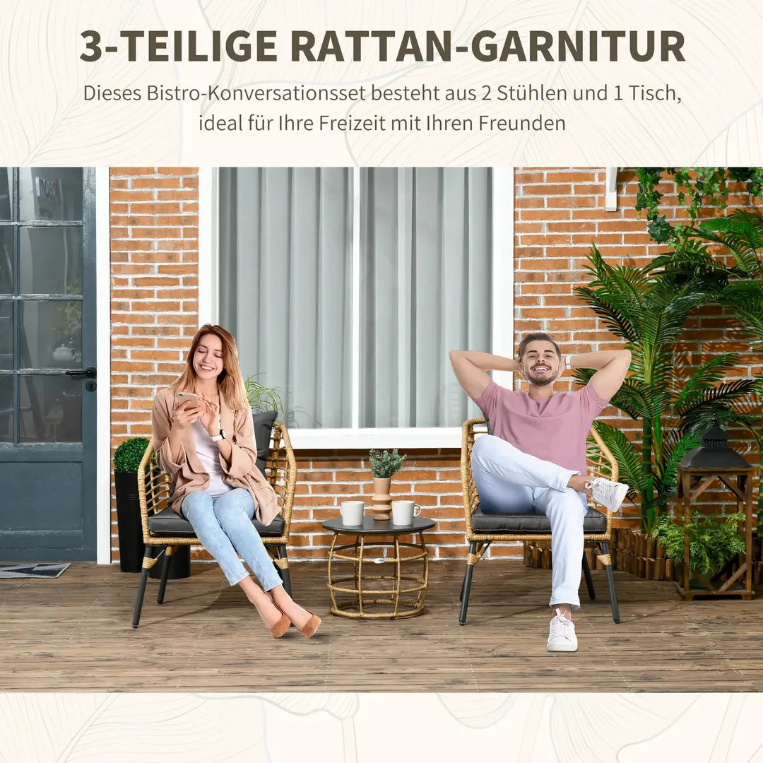 Outsunny 3-delige bistroset van PE rattan – 2 stoelen en tafel Ø46 cm – 62 x 65 x 78 cm – draagkracht 120 kg