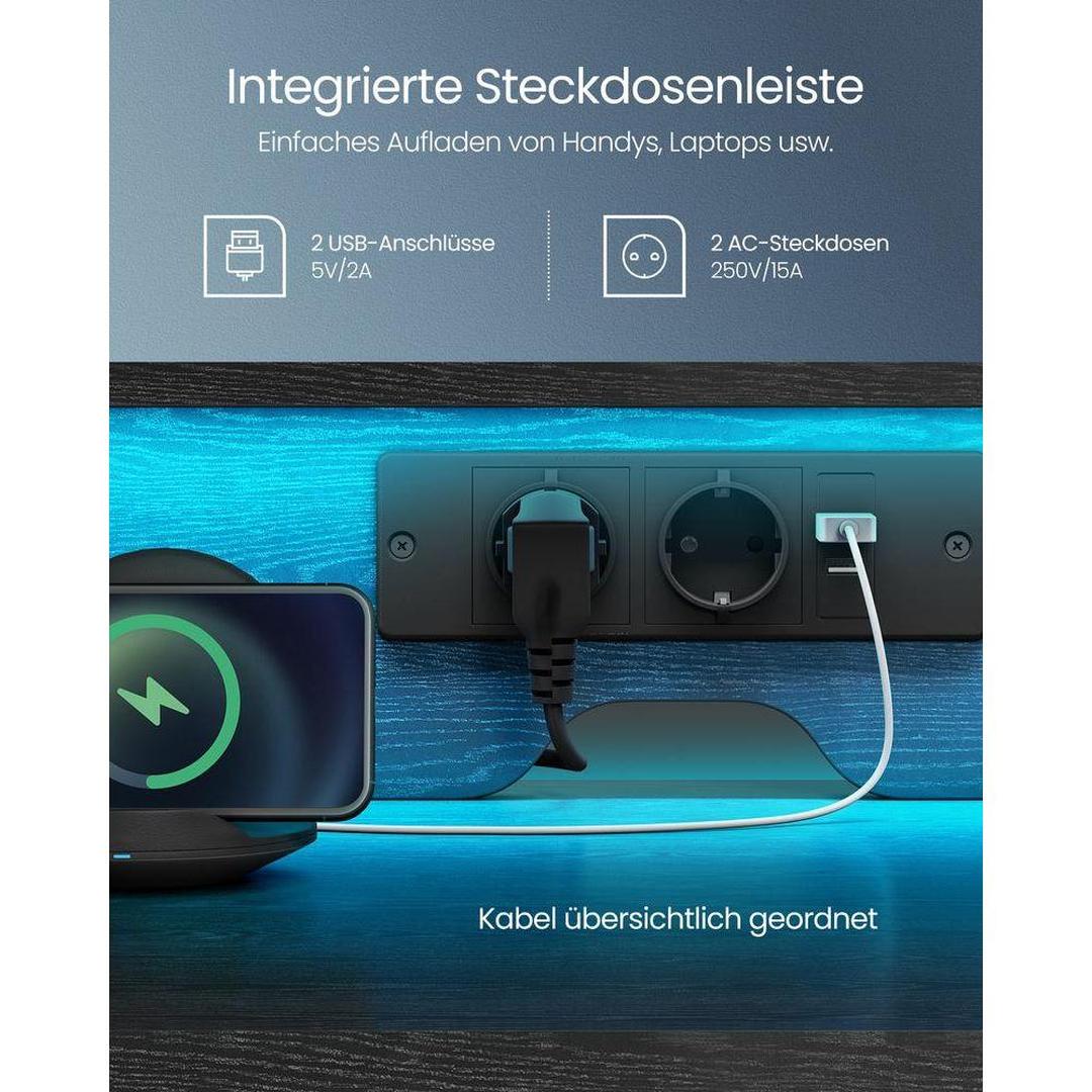 Bureau met LED-verlichting – Computertafel met USB-poorten en Stopcontact – Houten Werktafel voor Kantoor of Thuis