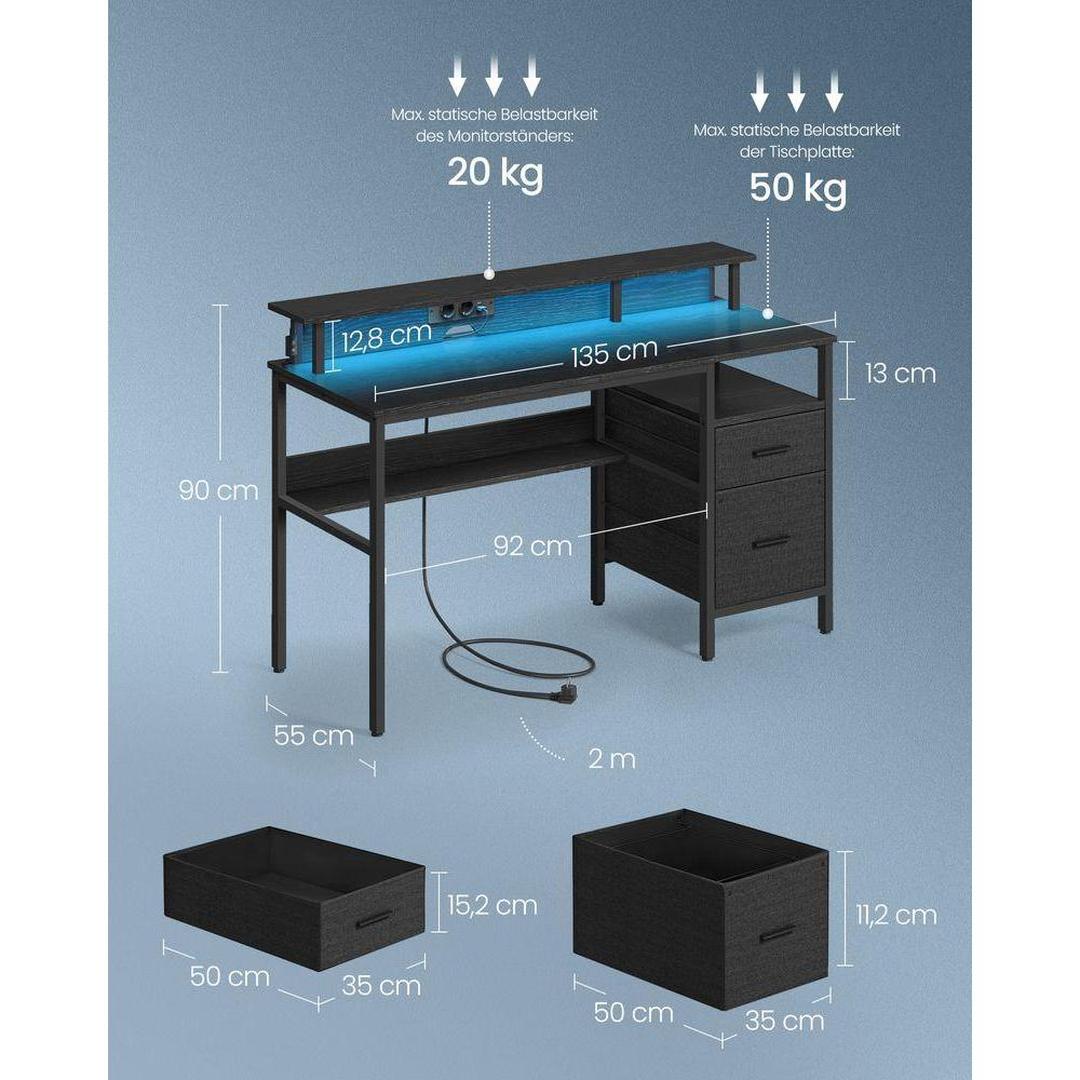 Bureau met LED-verlichting – Computertafel met USB-poorten en Stopcontact – Houten Werktafel voor Kantoor of Thuis