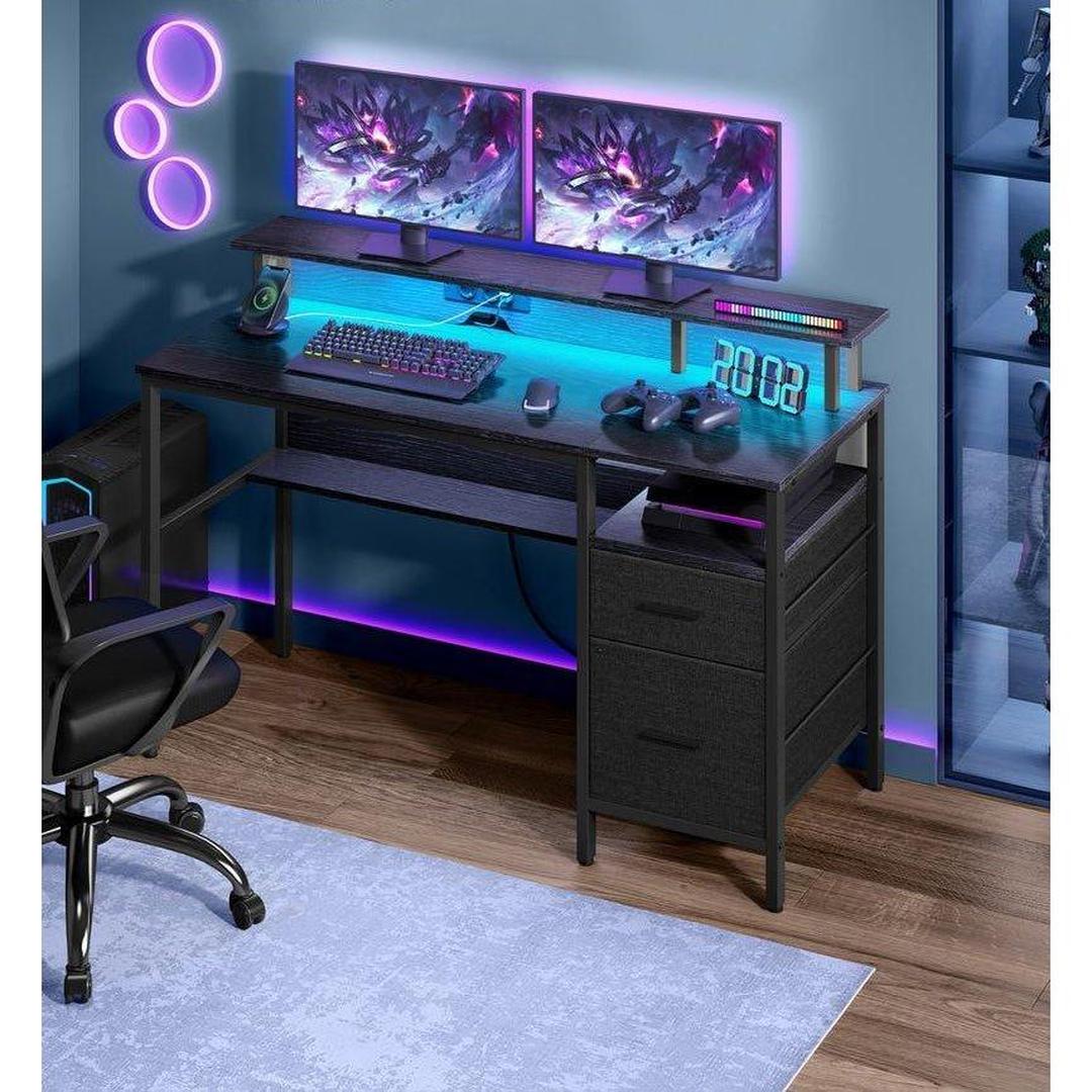 Bureau met LED-verlichting – Computertafel met USB-poorten en Stopcontact – Houten Werktafel voor Kantoor of Thuis