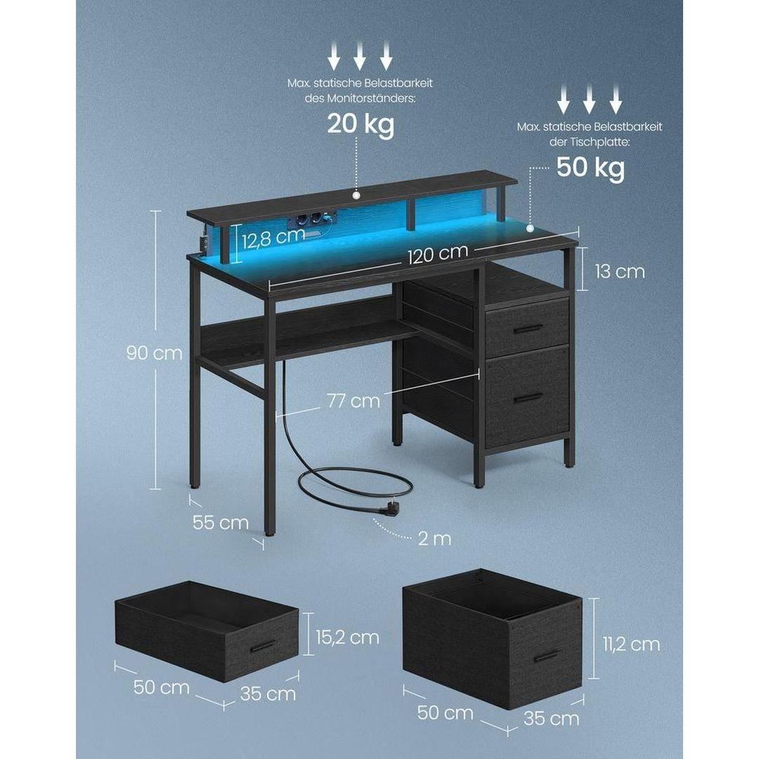 Bureau met LED-verlichting – Computertafel met USB-poorten en Stopcontact – Houten Werktafel voor Kantoor of Thuis