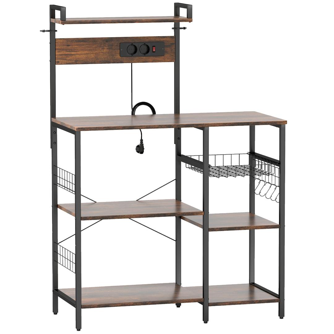 Keukenrek met 2 stopcontacten – staand opbergrek met 5 legplanken, draadmand en haken, 90 × 42 × 130 cm
