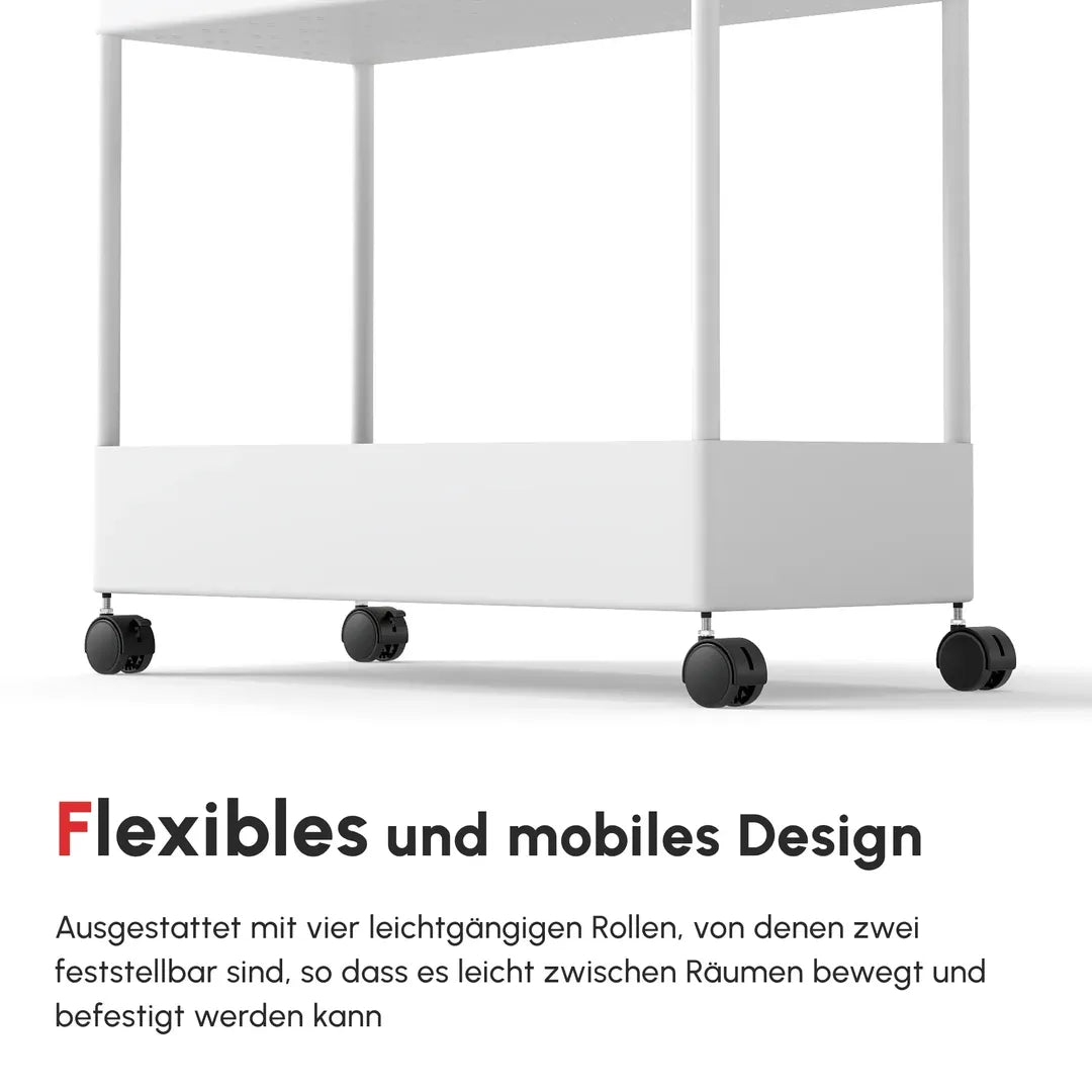 Keukenwagen met 4 legplanken en 4 haken – op wielen – Wit – 40 × 19 × 90 cm