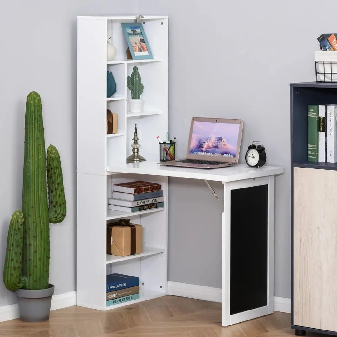 Inklapbare eet- en werktafel met 6 vakken – boekenplank met 3 planken – computertafel – metalen frame – E1 spaanplaat