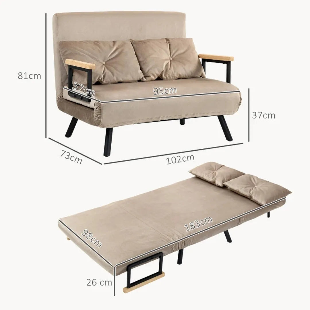 2-zits slaapbank – fluwelen bekleding – inklapbaar – inclusief 2 kussens – naturel