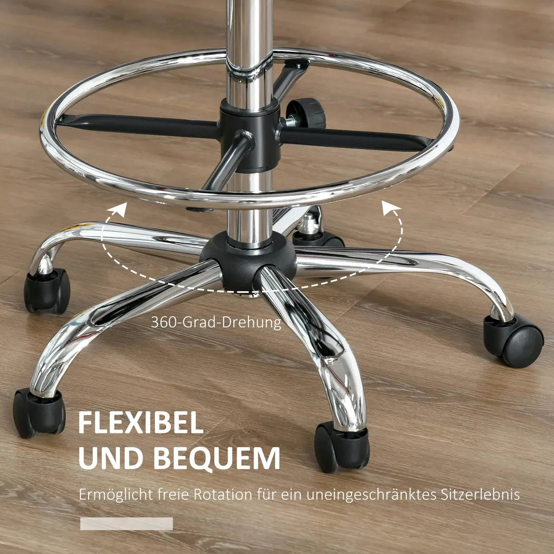 Barstoel met 360° Draai – Hoogteverstelbaar, Met Wielen en Rugleuning van Kunstleer, Beige, 56 x 57 x 104-127 cm