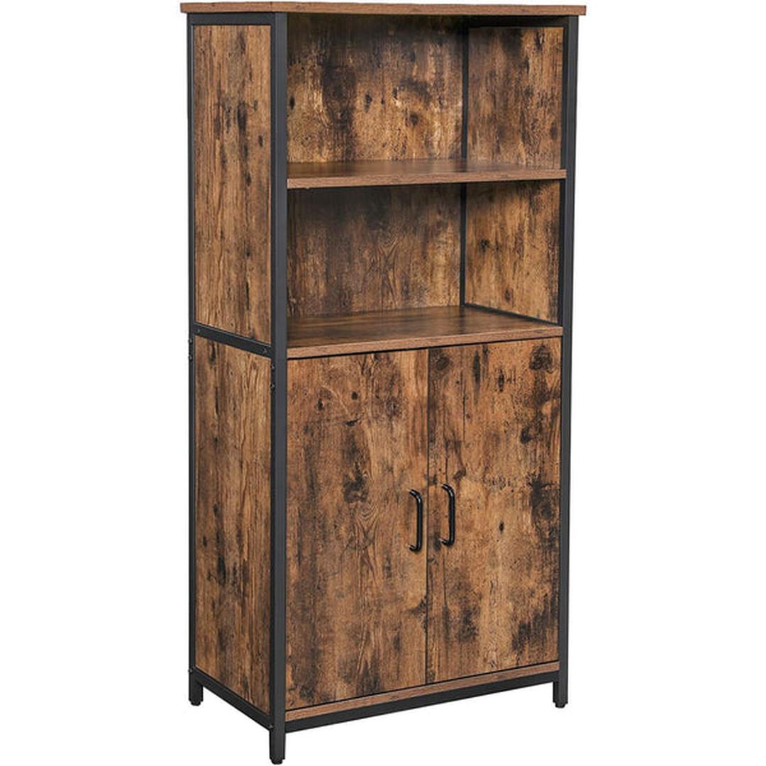 Boekenkast met Open en Gesloten Vakken – Opbergkast in Vintage Bruin/Zwart met Stalen Frame, 60 × 35 × 125 cm