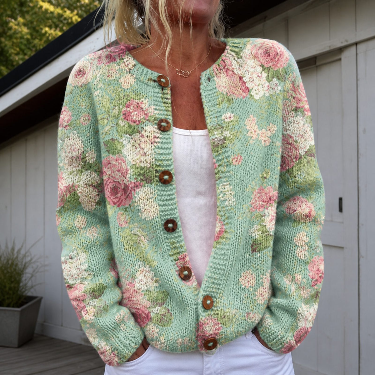 vest in groen met rozen – achteraanzicht
