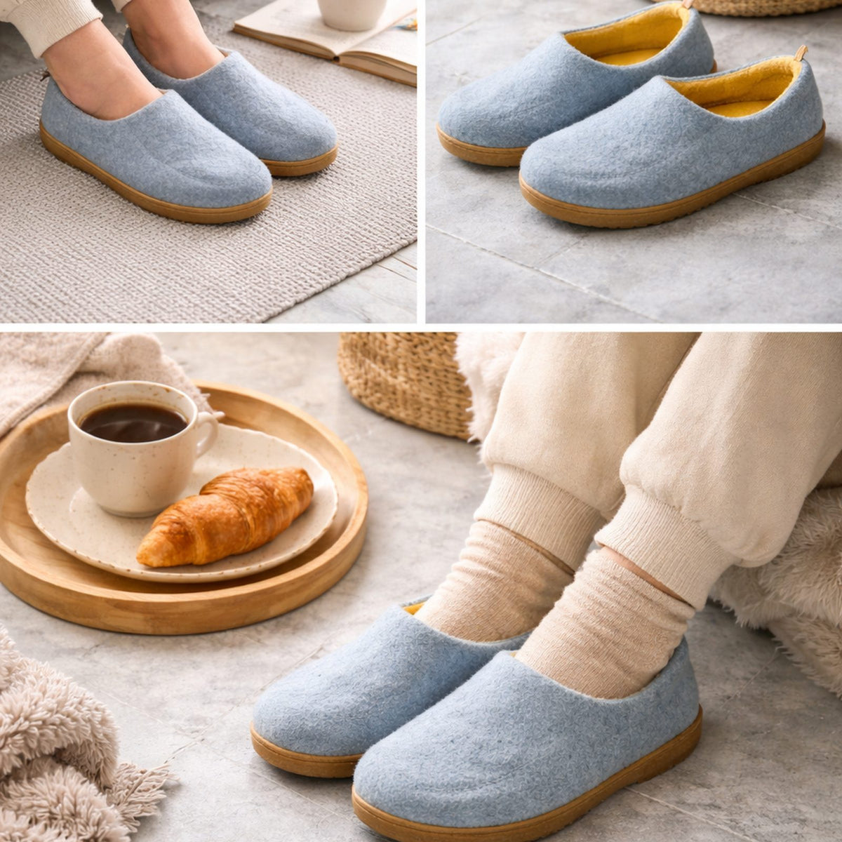 pantoffel in marineblauw van traagschuim – detailfoto van de afwerking