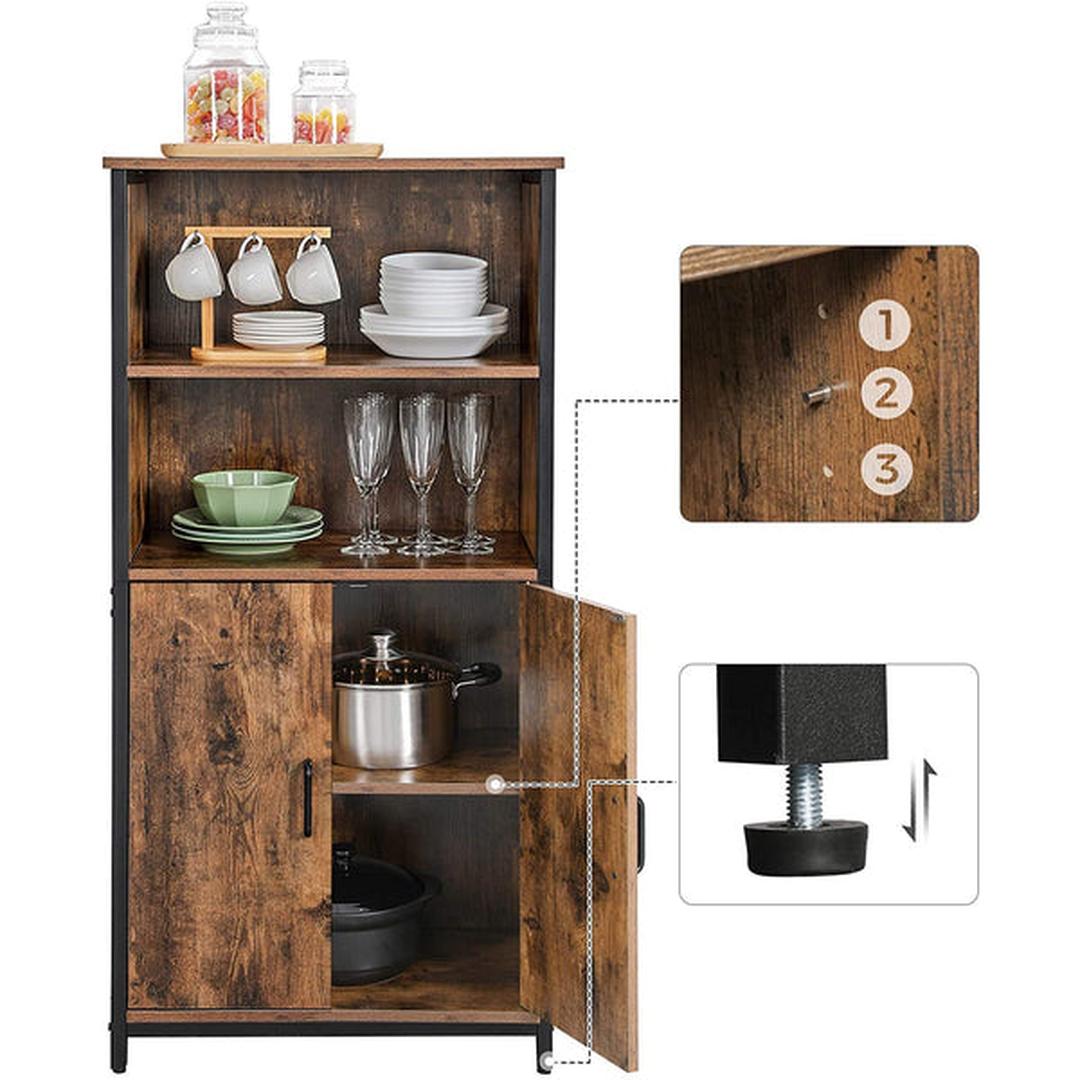 Boekenkast met Open en Gesloten Vakken – Opbergkast in Vintage Bruin/Zwart met Stalen Frame, 60 × 35 × 125 cm