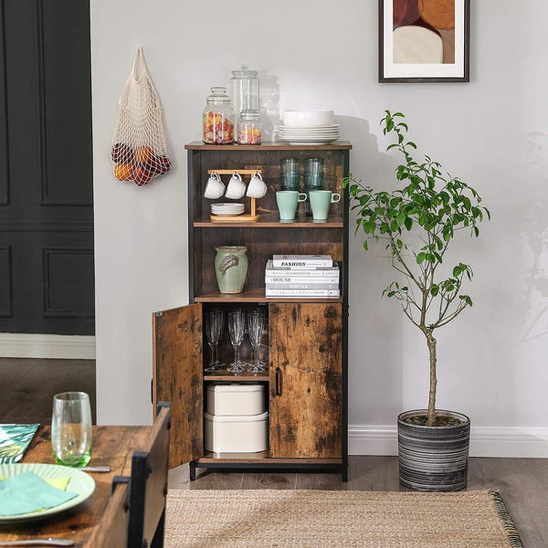 Boekenkast met Open en Gesloten Vakken – Opbergkast in Vintage Bruin/Zwart met Stalen Frame, 60 × 35 × 125 cm
