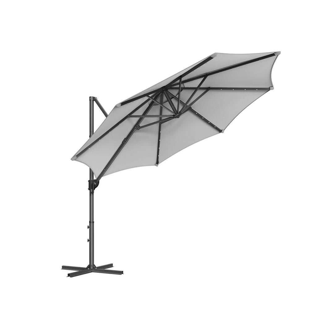 Zweefparasol Ø300 cm met LED-verlichting – 360° draaibaar en kantelbaar – UPF 50+ – met slinger en kruisvoet