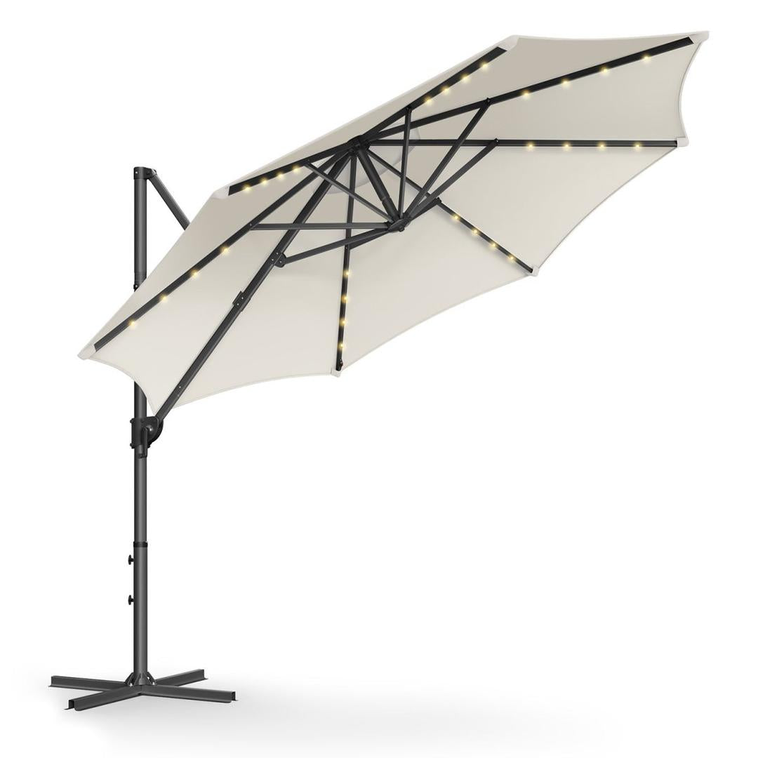 Zweefparasol Ø300 cm met LED-verlichting – 360° draaibaar en kantelbaar – UPF 50+ – met slinger en kruisvoet