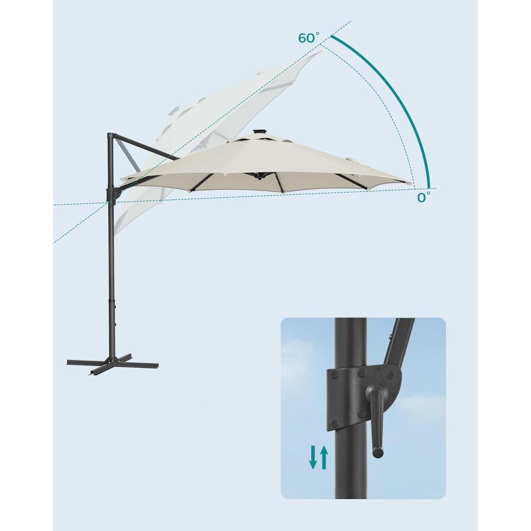 Zweefparasol Ø300 cm met LED-verlichting – 360° draaibaar en kantelbaar – UPF 50+ – met slinger en kruisvoet