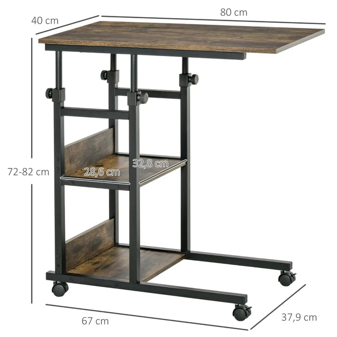 Bijzettafel met wielen – Hoogte verstelbaar – 2 opbergplanken – Bruin metalen frame – 80x40x72-82 cm