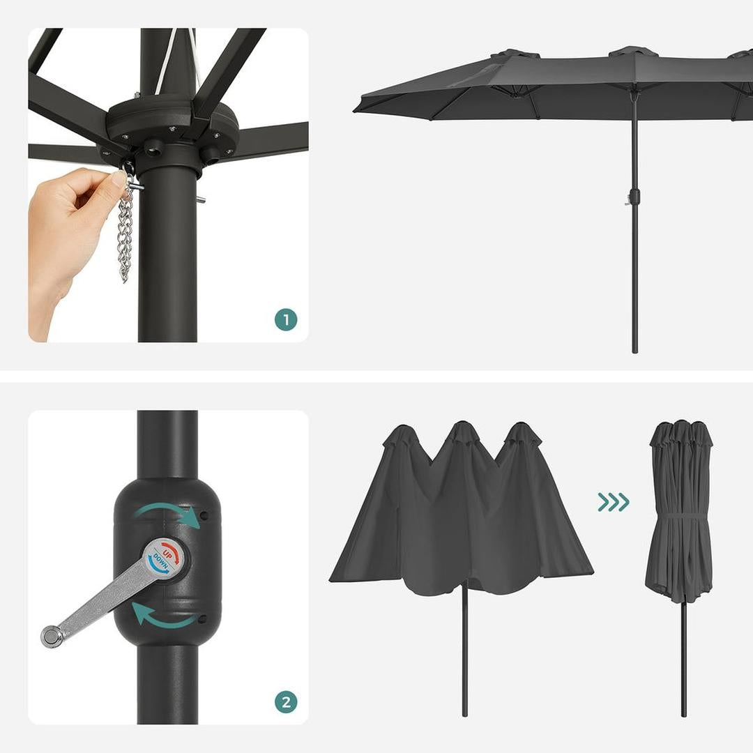 Dubbele parasol 460 x 270 cm – UPF 50+ UV-bescherming – stalen frame Ø48 mm – met slingermechanisme