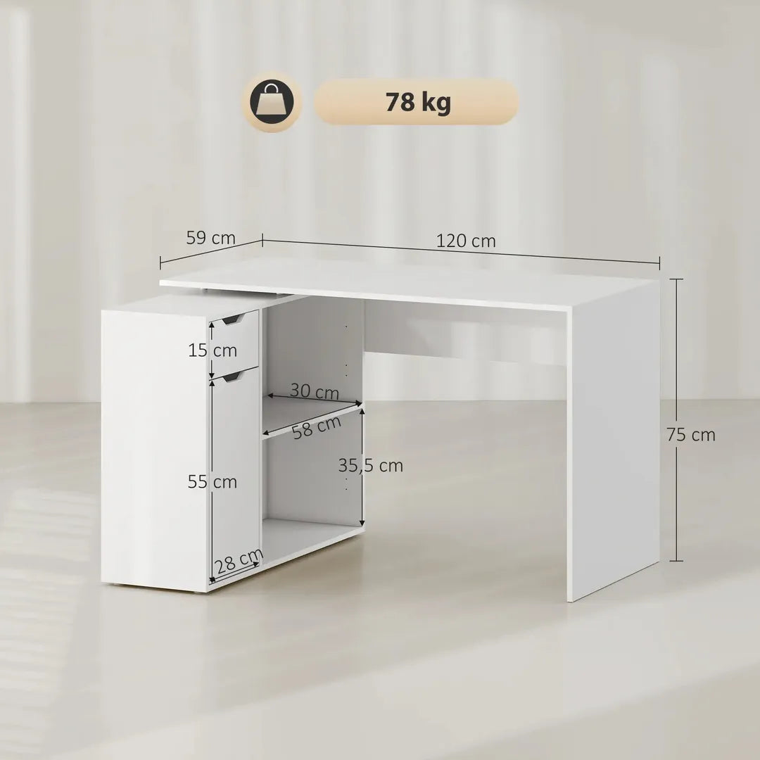 Flexibel bureau met kast en lade – hoekbureau met open vakken, hout, wit