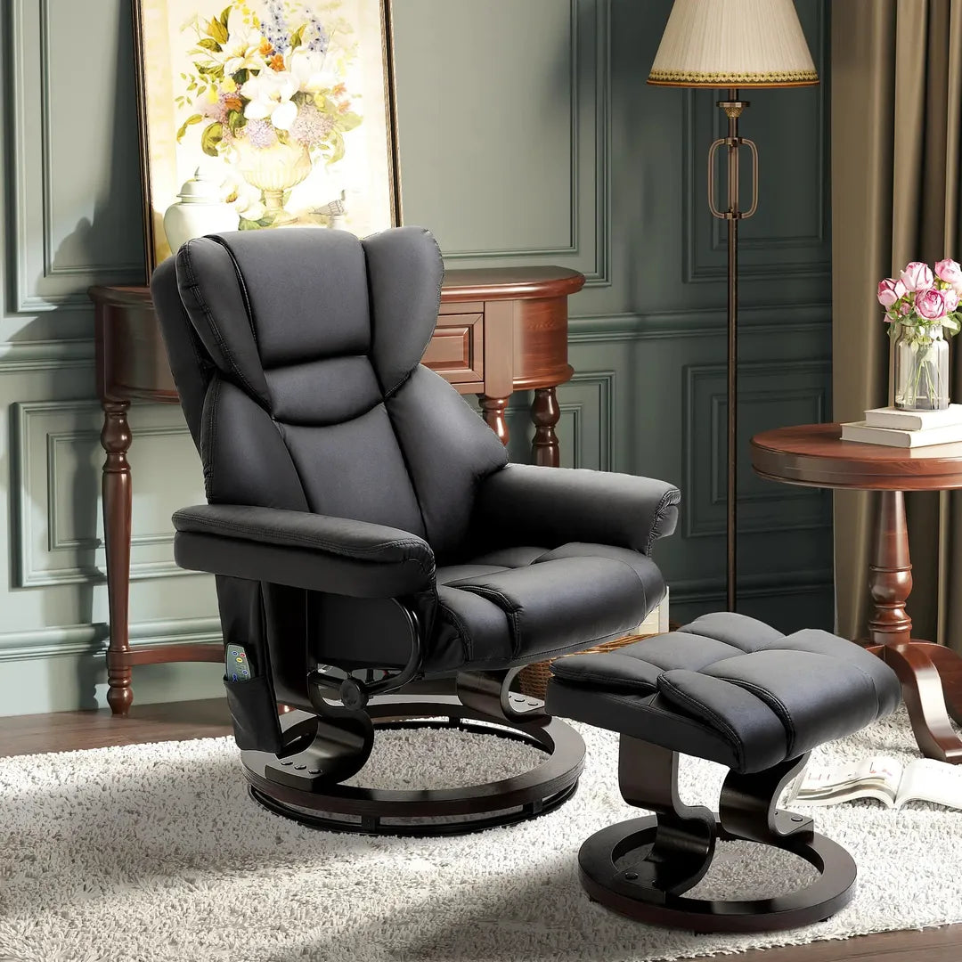 Relaxfauteuil met Massagefunctie en Voetenbank – Kunstleer Zwart – Verstelbaar 79 × 82 × 101 cm
