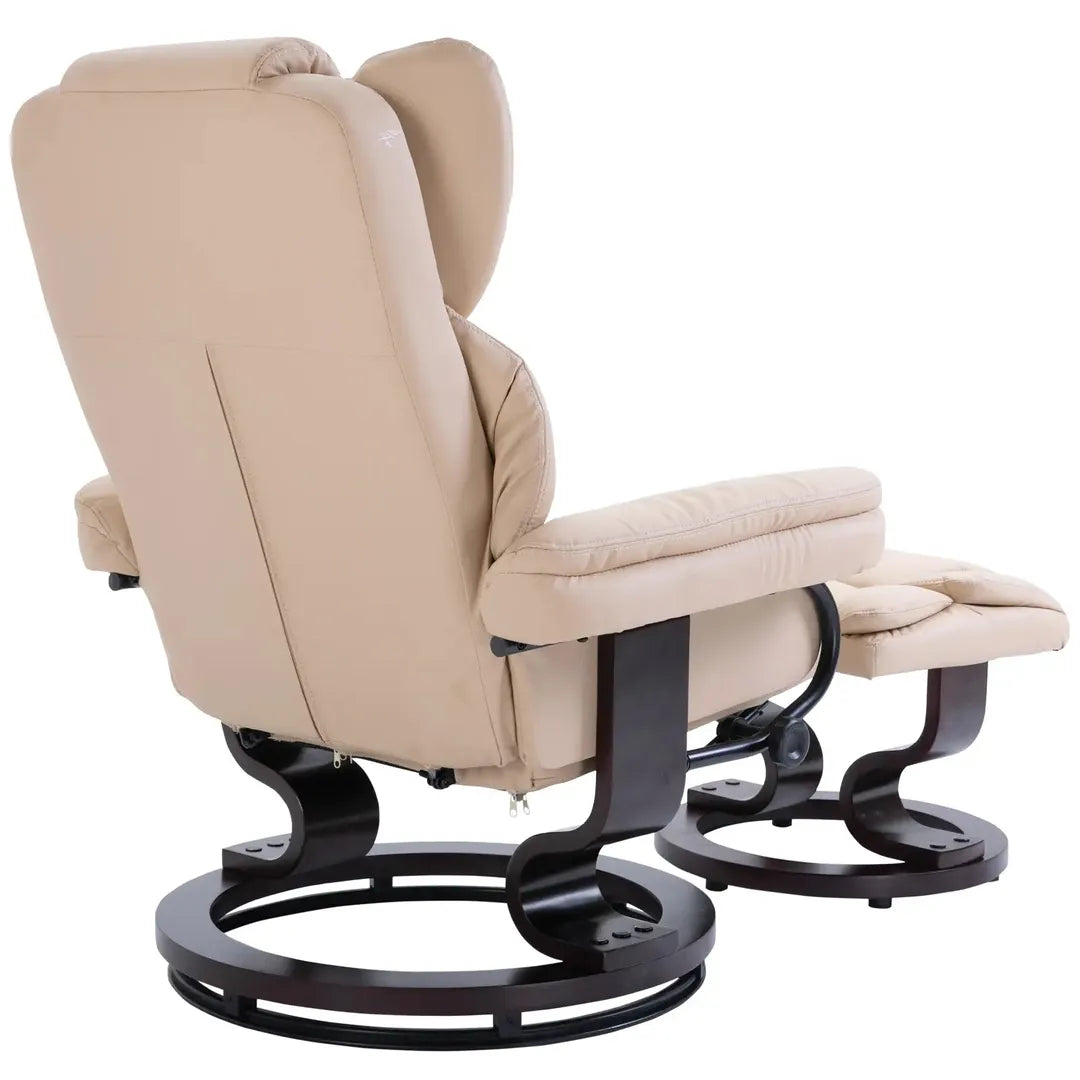 Fauteuil met Hocker – Draaibare Relaxstoel met Ligfunctie van Kunstleer en Metalen Frame, Crème, 80 x 79 x 100 cm
