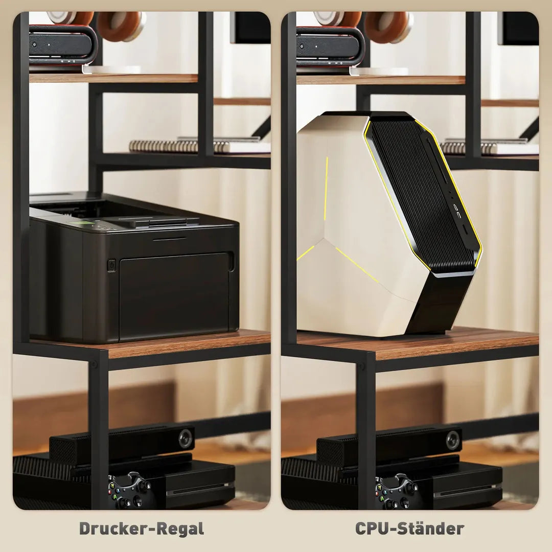 Computertafel met monitorstand en 4-laags rek – bureau in industriële stijl, bruin