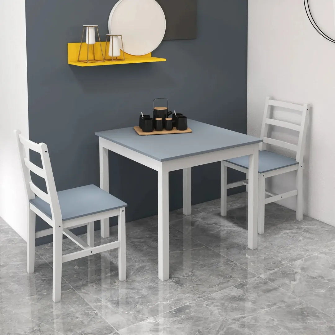 Eettafelset voor 2 Personen – 1 Tafel, 2 Stoelen van Grenenhout – Wit en Grijs