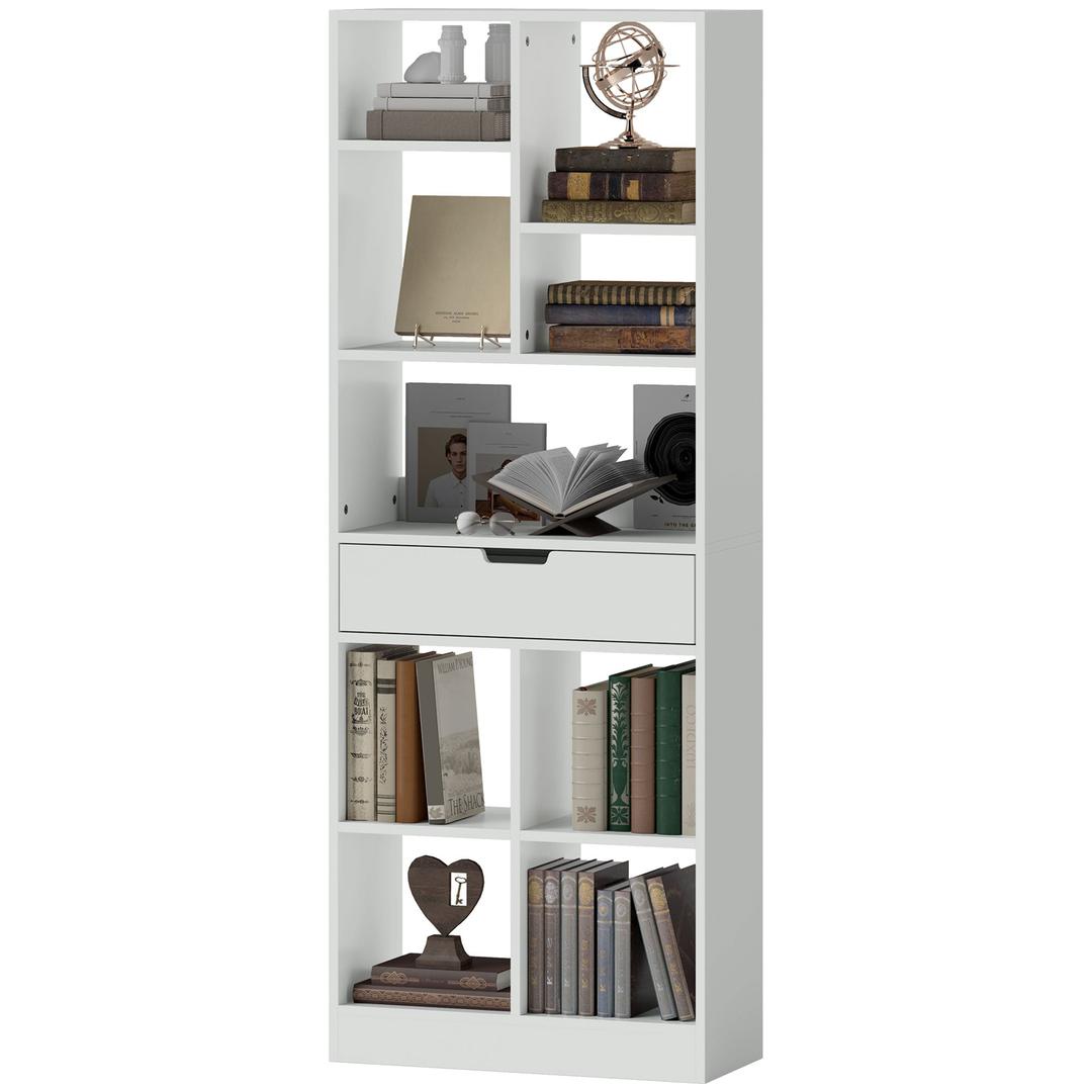 Boekenkast met 9 vakken en lade – multifunctioneel opbergmeubel met kantelbeveiliging, 60 × 26 × 158 cm