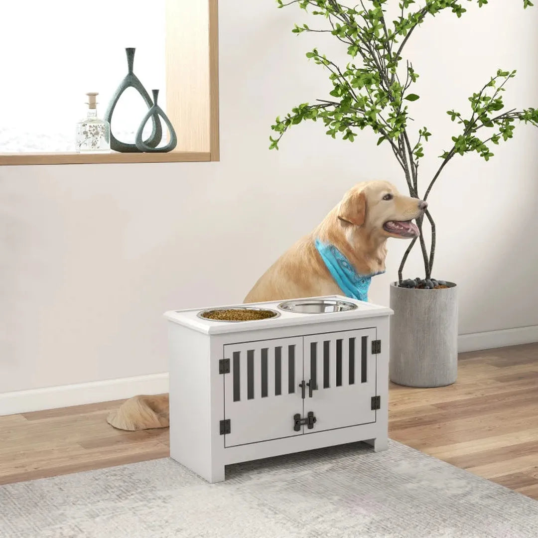 Verhoogde voerbak voor grote honden – 2 roestvrijstalen kommen – met opbergruimte – 35,5 x 60 x 30 cm