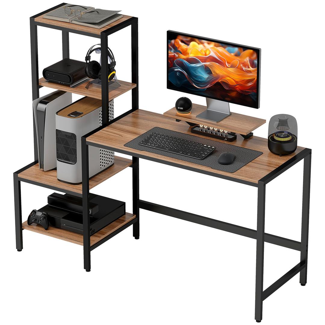 Computertafel met monitorstand en 4-laags rek – bureau in industriële stijl, bruin