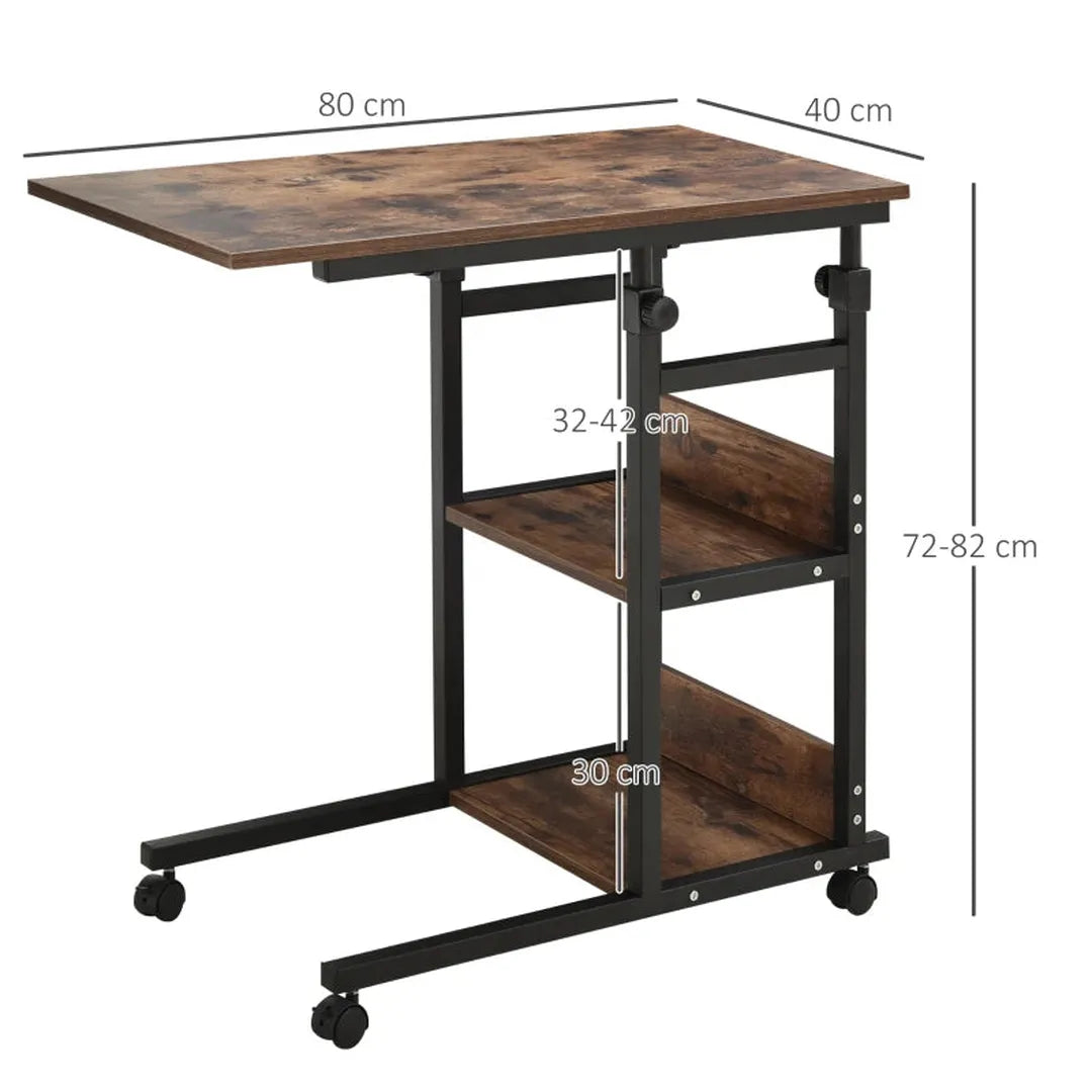 Bijzettafel met wielen – in hoogte verstelbaar – 2 planken – metalen frame – 80 x 40 x 72-82 cm
