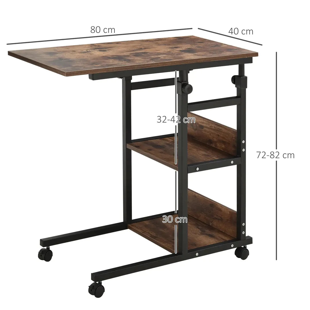 Bijzettafel met Rollen – Hoogteverstelbaar, 2 Opbergniveaus, Metaalframe, 80x40x72-82 cm, Bruin/Zwart